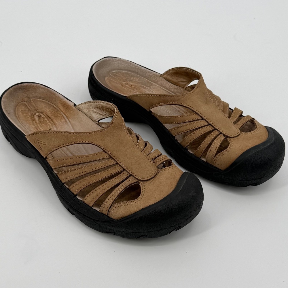 Keen Calistoga HybridLife Tan Brown Leather Slide Sandals Womens Size 9.5